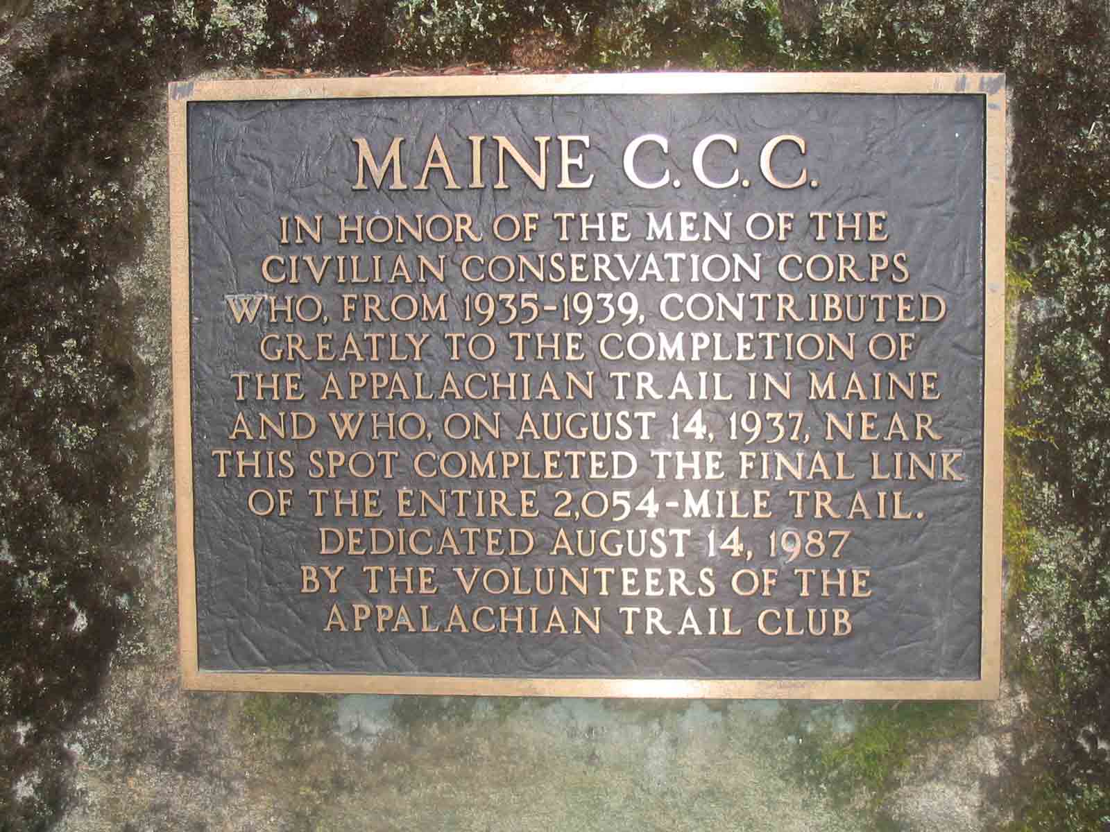 12.0 MM. This is the bronze plaque commemorating the completion of this last section of the Appalachian Trail from Maine to Georgia. What an accomplishment. It is like the golden spike in the intercontinental railway for hiking buffs.  Courtesy askus3@optonline.net